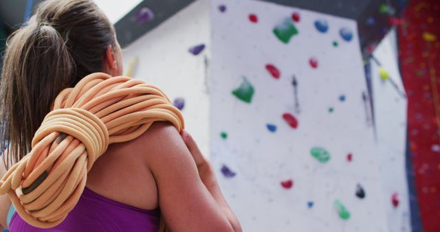 A woman in a sleeveless top stands with a coiled rope on her shoulder, looking at an indoor climbing wall. Ideal for use in fitness, sports, adventure, or rock climbing promotional materials.