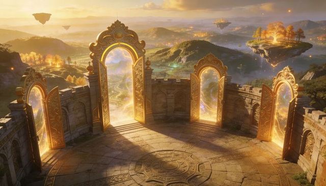 Gilded portal circle on mountain terrace with floating islands and amber sunset glow