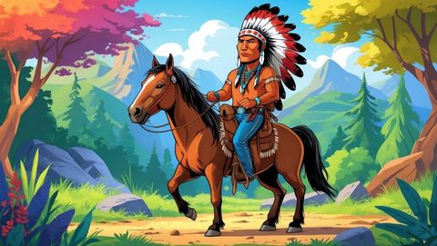 Native american warrior with feather war bonnet riding horse in vibrant forest