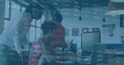 Team collaborating over financial dashboard with cyan-pink market tickers overlay in modern office