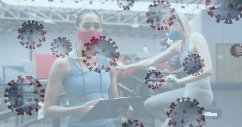 Women Exercising Indoors with Floating COVID-19 Graphics