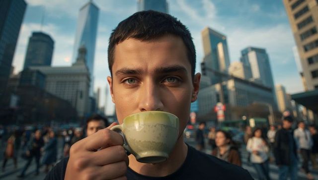 Young man drinking from green ceramic cup at busy downtown crosswalk with city skyline