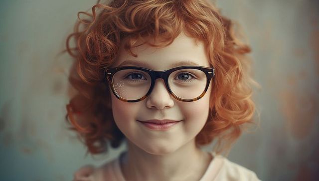 Curly-red-haired girl smiling warmly, wearing tortoiseshell glasses