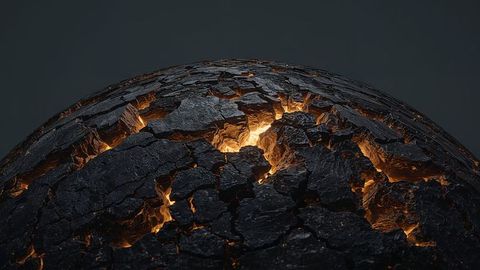 Glowing earthquake fissures on cracked molten sphere