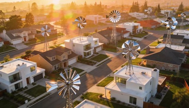 Glowing reflective windmills casting long shadows over modern suburban neighborhood