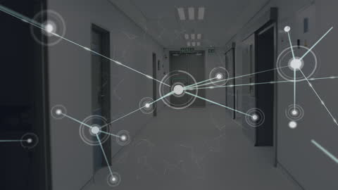 Digital Network Animation Overlay in Modern Hospital Corridor