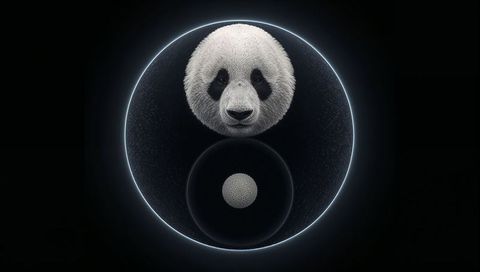 Floating photorealistic panda head inside neon circle with textured sphere