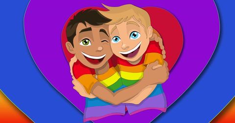 Happy gay couple embracing in colorful rainbow heart background