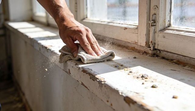 Man wiping dusty peeling paint windowsill during sunlit home renovation
