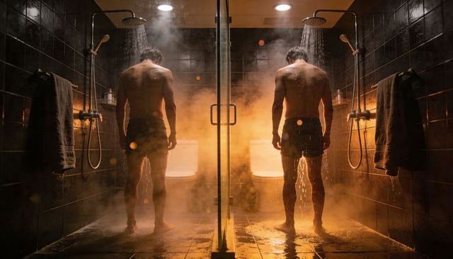 Steam-filled dual shower reflection featuring shirtless man, symmetry and warm backlight