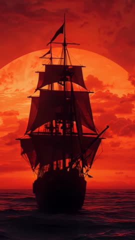 Sailing Three-Masted Ship Steering West into Fiery Red Sun