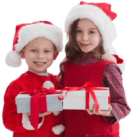 Joyful Children in Santa Hats Holding Christmas Gifts Transparent