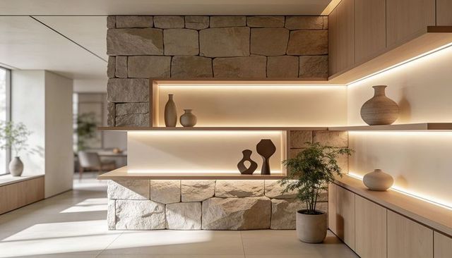 Minimalist living area showcasing stacked stone wall and recessed wooden shelves