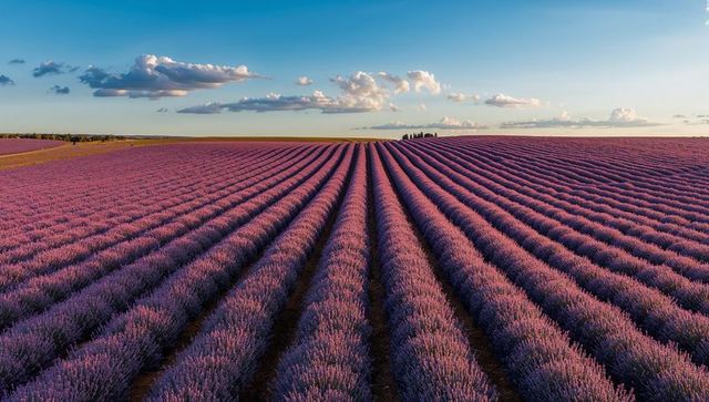 Endless lavender rows stretching across golden horizon under blue sky and scattered clouds