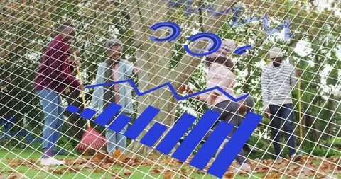 Multigenerational family raking autumn leaves in backyard with blue infographic overlay