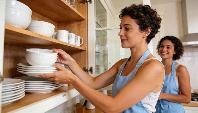 Two women organizing white plates and bowls on wooden kitchen shelves wearing blue aprons