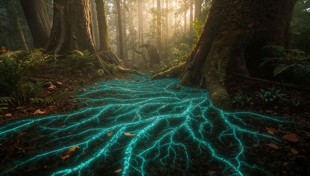 Bioluminescent cyan root network spreading from ancient tree in misty temperate forest