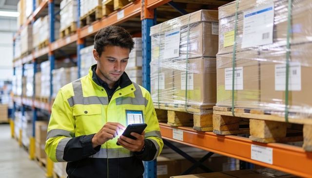 Male worker wearing hi-vis jacket scanning inventory with smartphone in pallet racking aisle