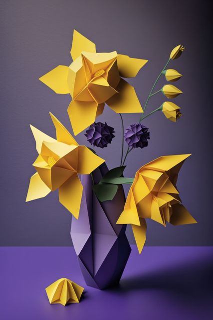Beautiful origami bouquet featuring vibrant yellow daffodils and purple flowers placed in a geometric purple vase. Suitable for use in craft art promotions, home decor inspirations, creative design portfolios, handmade gift guides, or DIY craft project features.