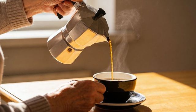 Elderly hands pouring fresh coffee from moka pot into black cup on sunlit wooden table