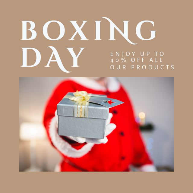 Composition of boxing day sales text over santa claus holding christmas present. Christmas, boxing day, sales, festivity, celebration and tradition concept digitally.