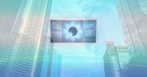 Holographic HUD Panel Hovering Over Urban Skyscrapers Projecting Circular Data Interface
