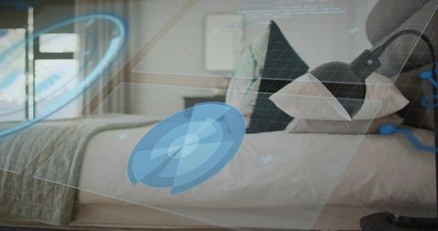 Displaying smart bedroom with holographic hud overlay, layered pillows and minimalist bedding