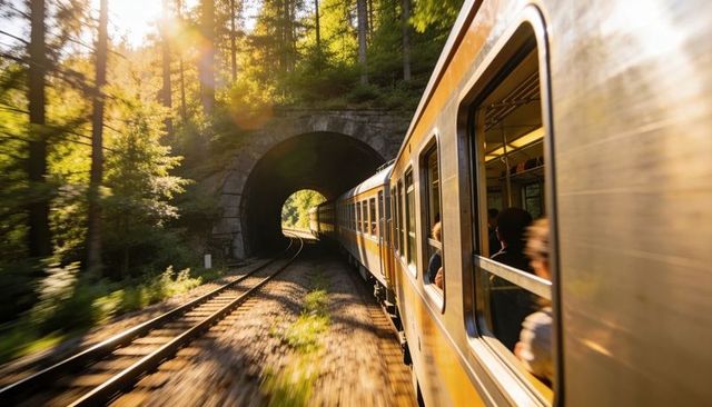 Yellow Commuter Train Rounding Forest Curve into Stone Tunnel at Golden Hour, Motion Blur
