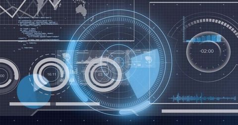 Futuristic HUD Data Dashboard with Circular Radar Interface and Analytics Visualization