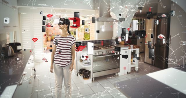 A young Caucasian woman is immersed in a virtual reality experience in a modern kitchen, with copy space. She appears to be interacting with a futuristic interface, indicating the merging of technology and daily life.