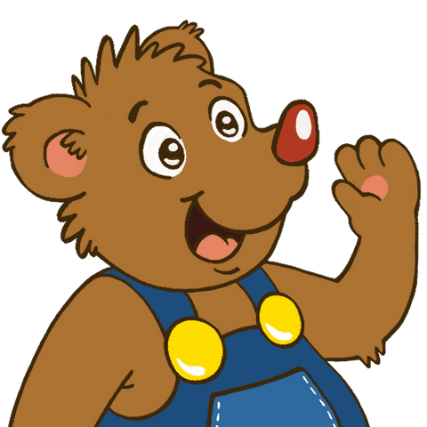 Playful brown bear mascot in blue overalls transparent illustration
