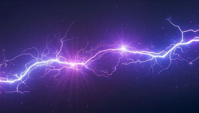 Vibrant lightning arc in cosmic void with glowing sparks