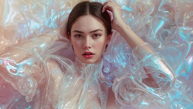 Futuristic model in iridescent garment with pastel lighting