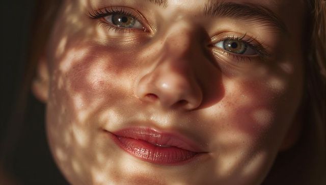 Teen girl closeup showing dappled sunlight and freckles, hazel eyes, soft expression