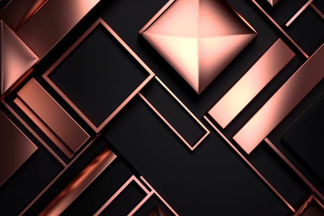 Stylized geometric patterns formed by copper metallic shapes against a dark background. Ideal for use in luxury branding, design projects, website backgrounds, posters, and contemporary art displays. Offers a sophisticated and modern look suitable for a wide range of high-end visual presentations.