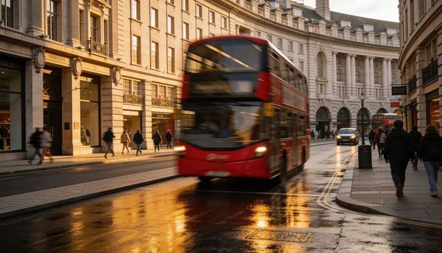 Golden-hour london double-decker bus racing through wet street with glowing reflections
