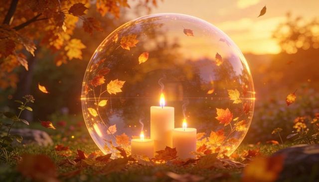 Autumn glass orb holding three glowing pillar candles with floating maple leaves at sunset