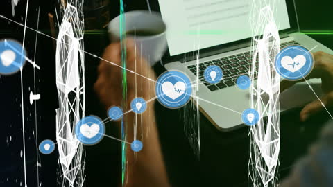 Digital Networking with Heart Icons and Laptop Usage