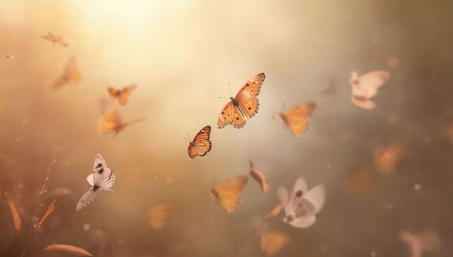 Amber butterflies fluttering through golden meadow sunlight with dreamy bokeh