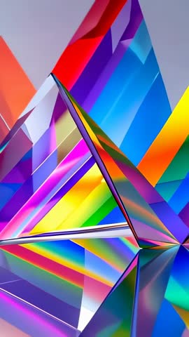 Vertical video panning over glass prism cluster on mirrored plane creating rainbow refractions