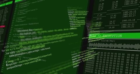 Green Terminal Encryption Code Dashboard Showing Hexdump Waveform Cybersecurity Interface