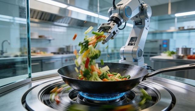 Robotic arm stir-frying colorful vegetables in commercial wok over blue flame