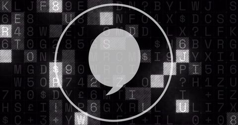 Monochrome speech bubble with circular ring showing encrypted communication on matrix grid