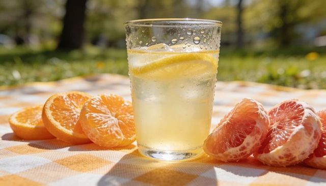 Glistening lemonade with lemon slice on checkered picnic blanket in sunlit park