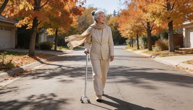 Senior asian woman walking with quad cane on suburban street wearing beige suit and scarf