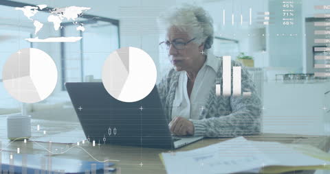 Senior Woman Analyzing Financial Data on Laptop with Global Concepts