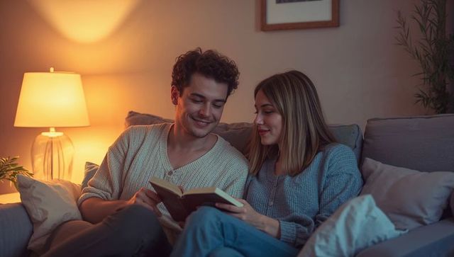 Couple reading together on sofa in knit sweater and cardigan, relaxing warm cozy evening