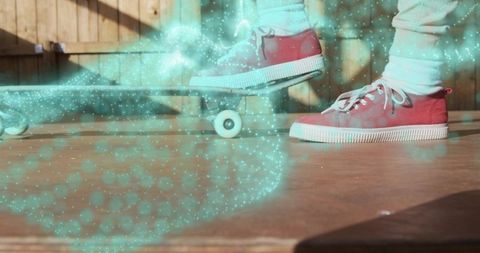 Dynamic woman skateboarding with magical sparkles outdoors