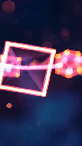 Vertical neon cube sliding along glowing cable in futuristic bokeh void