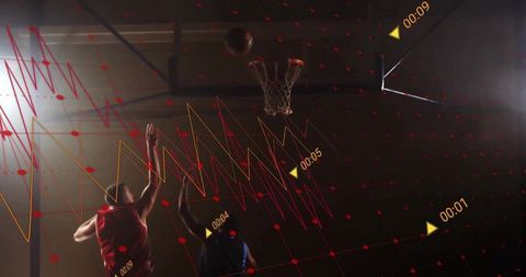 Athletes jumping and contesting basketball shot under spotlights with analytics overlay